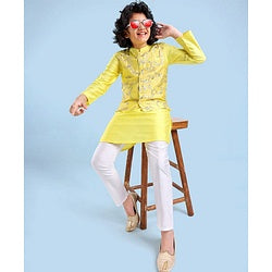 Pine Kids Full Sleeves Kurta Pyjama Set with Embroidered Bandi - Yellow