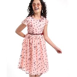 Pine Kids Cap Sleeves Knee Length Party Wear Frock Heart Print - Light Pink