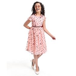 Pine Kids Cap Sleeves Knee Length Party Wear Frock Heart Print - Light Pink