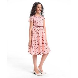 Pine Kids Cap Sleeves Knee Length Party Wear Frock Heart Print - Light Pink