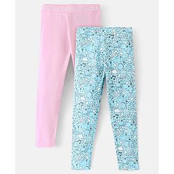 Pine Kids Cotton Ankle Length Biowashed  Stretchable All Over Printed & Solid Color Leggings Pack Of 2 - Blue Pink
