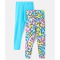 Pine Kids Ankle Length Biowashed Cotton Stretchable Leggings Leopard Print & Solid Pack Of 2 - Blue