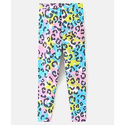 Pine Kids Ankle Length Biowashed Cotton Stretchable Leggings Leopard Print & Solid Pack Of 2 - Blue