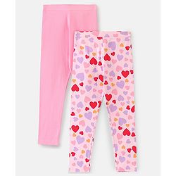 Pine Kids Full Length Stretchable and Biowash Cotton Leggings Heart Print with Solid Pack of 2 - Pink