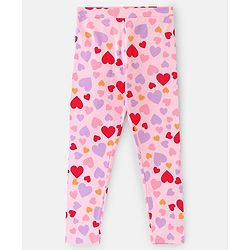 Pine Kids Full Length Stretchable and Biowash Cotton Leggings Heart Print with Solid Pack of 2 - Pink