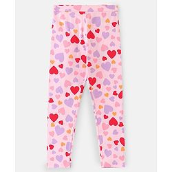 Pine Kids Full Length Stretchable and Biowash Cotton Leggings Heart Print with Solid Pack of 2 - Pink