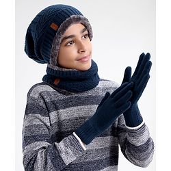 Pine Kids Woollen Cap Headband & Gloves Set Navy Blue - Diameter 14.5 cm