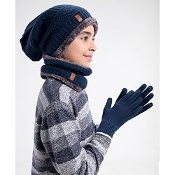 Pine Kids Woollen Cap Headband & Gloves Set Navy Blue - Diameter 14.5 cm