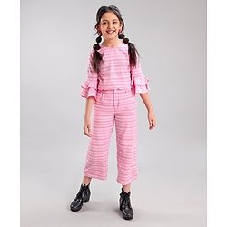 Pine Kids Cotton Three Fourth Bell Sleeves Woven Top With Pajama Set- Pink