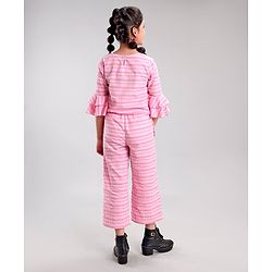 Pine Kids Cotton Three Fourth Bell Sleeves Woven Top With Pajama Set- Pink
