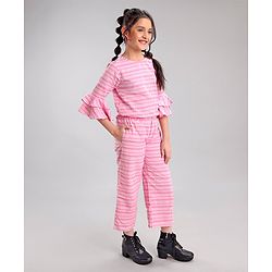 Pine Kids Cotton Three Fourth Bell Sleeves Woven Top With Pajama Set- Pink