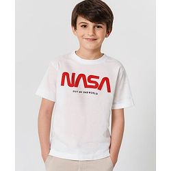 Pine Kids Half Sleeves NASA Collection Bio Washed T-shirt Text Print - White