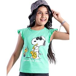 Pine Kids Frill Sleeves Bio Washed T-Shirt Snoopy Print - Light Green