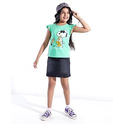 Pine Kids Frill Sleeves Bio Washed T-Shirt Snoopy Print - Light Green