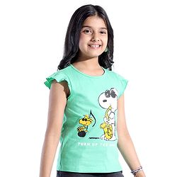 Pine Kids Frill Sleeves Bio Washed T-Shirt Snoopy Print - Light Green
