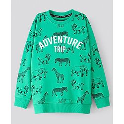 Pine Kids Full Sleeves Biowash Sweatshirt Animals Print - Green