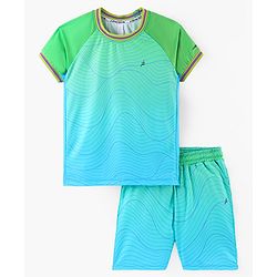 Pine Active Half Sleeves T-Shirt With Shorts Contour Print - Blue & Green