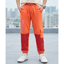 Pine Kids Full Length 100% Cotton Knit Biowashed Joggers Text Print - Orange