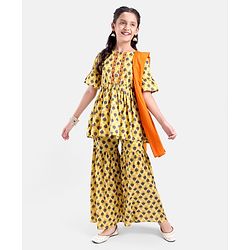 Pine Kids Printed Three Fourth Sleeves Kurti & Sharara Set With Dupatta- Yellow