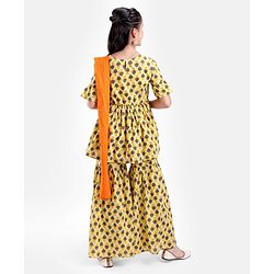 Pine Kids Printed Three Fourth Sleeves Kurti & Sharara Set With Dupatta- Yellow