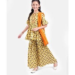 Pine Kids Printed Three Fourth Sleeves Kurti & Sharara Set With Dupatta- Yellow