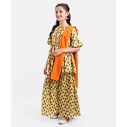 Pine Kids Printed Three Fourth Sleeves Kurti & Sharara Set With Dupatta- Yellow