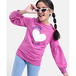 Pine Kids Full Sleeves Biowashed Cotton Sweatshirt Heart & Text Print- Pink