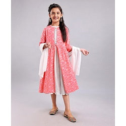 Pine Kids Full Sleeves A Line Ethnic Dress with Dupatta Floral Print - Coral