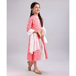 Pine Kids Full Sleeves A Line Ethnic Dress with Dupatta Floral Print - Coral