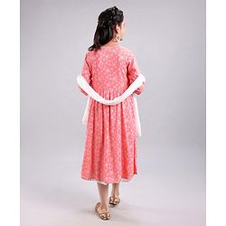 Pine Kids Full Sleeves A Line Ethnic Dress with Dupatta Floral Print - Coral