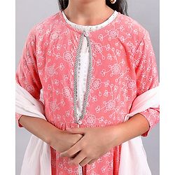 Pine Kids Full Sleeves A Line Ethnic Dress with Dupatta Floral Print - Coral