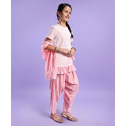 Pine Kids Half Sleeves Kurti And Churidar Set with Jaipuri Print - Pink