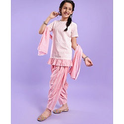 Pine Kids Half Sleeves Kurti And Churidar Set with Jaipuri Print - Pink
