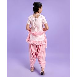 Pine Kids Half Sleeves Kurti And Churidar Set with Jaipuri Print - Pink