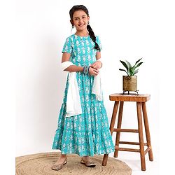 Pine Kids Printed Half Sleeves Choli & Lehenga Set With Dupatta- Turqouise