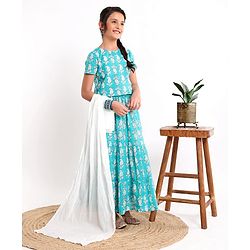 Pine Kids Printed Half Sleeves Choli & Lehenga Set With Dupatta- Turqouise