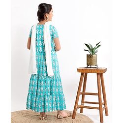 Pine Kids Printed Half Sleeves Choli & Lehenga Set With Dupatta- Turqouise