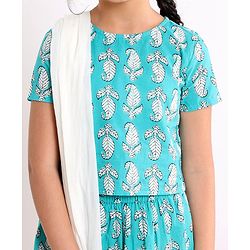 Pine Kids Printed Half Sleeves Choli & Lehenga Set With Dupatta- Turqouise