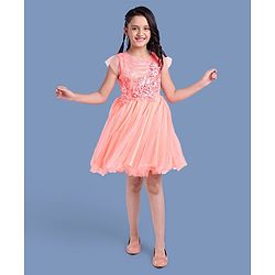 Pine Kids Half Sleeves Party Wear Dress with Flower Brooch - Pink