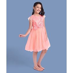 Pine Kids Half Sleeves Party Wear Dress with Flower Brooch - Pink