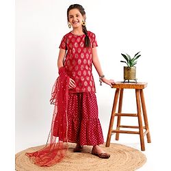 Pine Kids Half Sleeves Choli & Lehenga With Dupatta Set - Red
