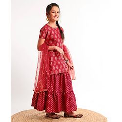 Pine Kids Half Sleeves Choli & Lehenga With Dupatta Set - Red