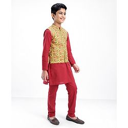 Pine Kids Full Sleeves Kurta Pyjama Set with Bandi Floral Print - Maroon