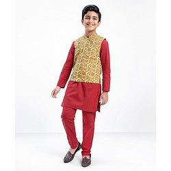 Pine Kids Full Sleeves Kurta Pyjama Set with Bandi Floral Print - Maroon
