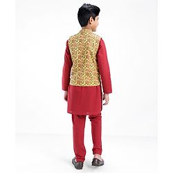 Pine Kids Full Sleeves Kurta Pyjama Set with Bandi Floral Print - Maroon