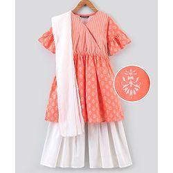 Pine Kids Half Sleeves Kurti Churidar Set with Dupatta - Orange