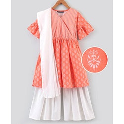Pine Kids Half Sleeves Kurti Churidar Set with Dupatta - Orange