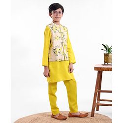 Pine Kids Full Sleeves Kurta Pajama Set with Bandi Floral Print - Yellow