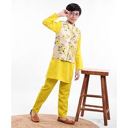 Pine Kids Full Sleeves Kurta Pajama Set with Bandi Floral Print - Yellow