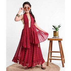 Pine Kids Sleeveless Choli & Sequin Embellished Lehenga Set - Red